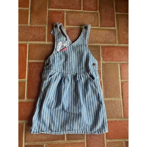 Vintage OshKosh‎ Bgosh Girls Blue White Hickory Stripe Denim Jumper Dress Size 6