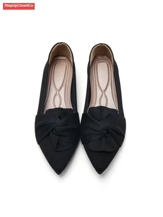 Pointed Toe Ballet Flats with Bow Comfortable Knit Dressy Flats