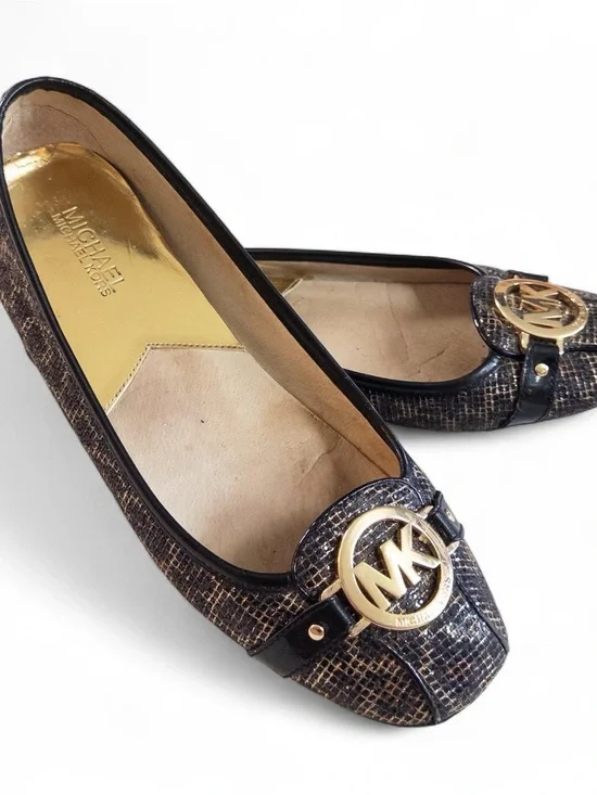Michael Kors Black & Bronze Logo Ballet Flats Women’s Size 9.5