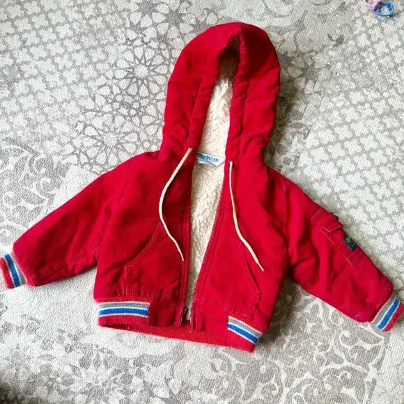Vintage Oshkosh B Gosh Retro Red Corduroy Sherpa Lined Jacket‎ Hooded Unisex 6-9