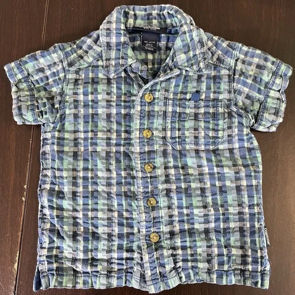 OshKosh B'gosh Baby Boys 12M Blue Plaid Seersucker‎ Button Up Shirt EUC