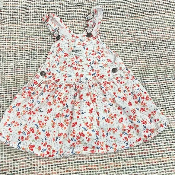 Oshkosh B’gosh White Red Blue Ditsy Floral Bib Overall Jean Jumper Dress 2T Girl