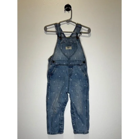 OshKosh Bgosh Baby Girl Blue Denim Heart Print Overalls 18M Light Wash Bibs‎