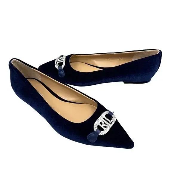 NEW Lauren Ralph Lauren | Lilah Navy Blue Velvet Crystal Logo Pointed Toe Flat