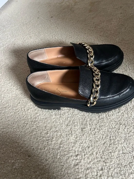 Jessica Simpson Black Leather Loafers with Gold Chain