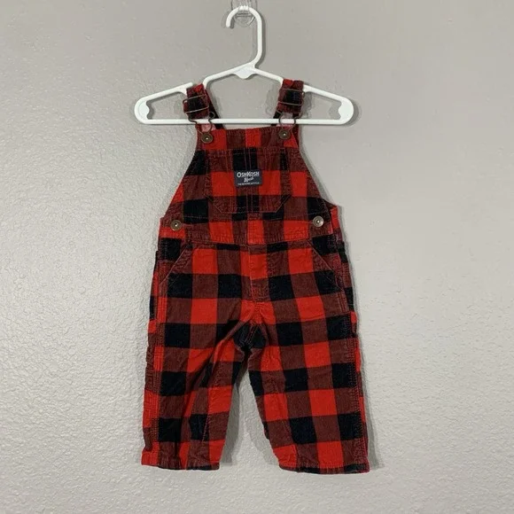 OshKosh B'gosh Vestbak Red Black Buffalo Plaid Corduroy Overalls Size 6 Months‎