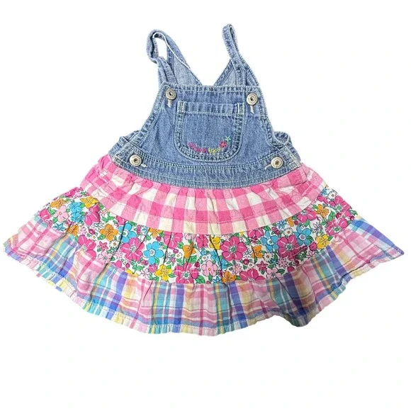 OshKosh Bgosh Denim Dress Floral‎ Plaid Ruffle Overalls Outfit 18 Months