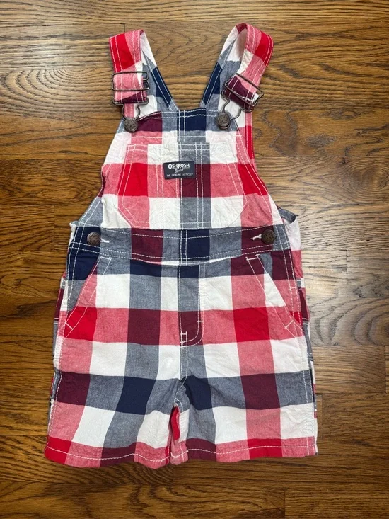 OshKosh B'gosh Kids Red, White & Blue Plaid Short Overalls Shortalls Size 2T