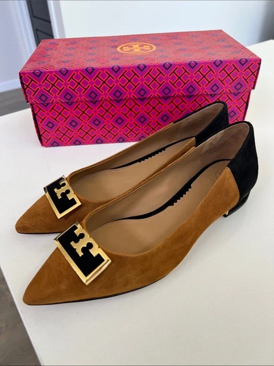 Tory Burch gigi 20mm pointy toe flat silk suede leather dark tiramisu tan black