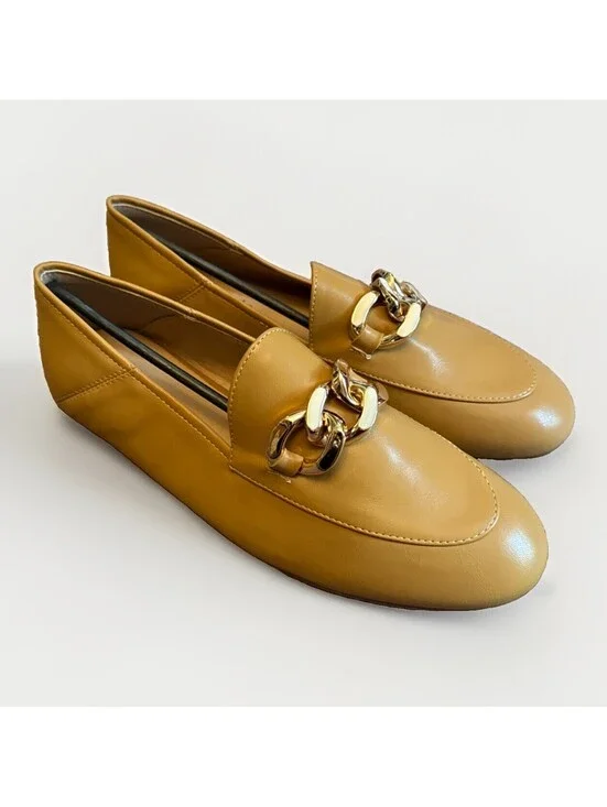 New EasySmile Metal Chain Camel Brown Loafers Flats Shoes Ladies Size 7.5