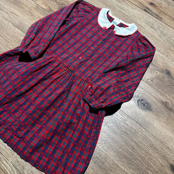 Vintage OshKosh Red Plaid Apple Dress Girls Size 6X Long Sleeve Made in USA