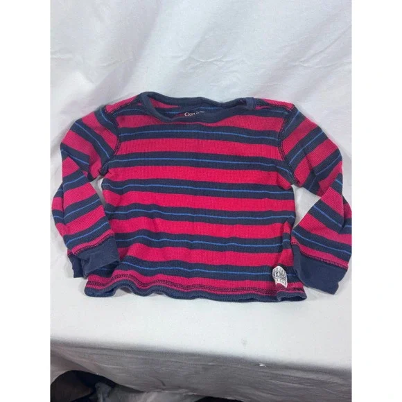 OshKosh Bgosh Boys 3T Thermal Shirt Navy Blue Red Striped Waffle Knit Long Sleev