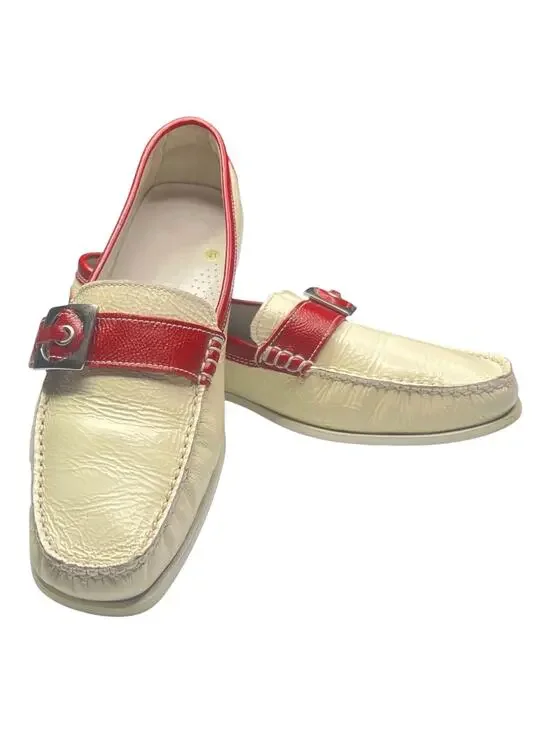 Vintage Pratesi Italy Loafers EU 41 Leather Colorblock Cream Red Buckle 80s 90s