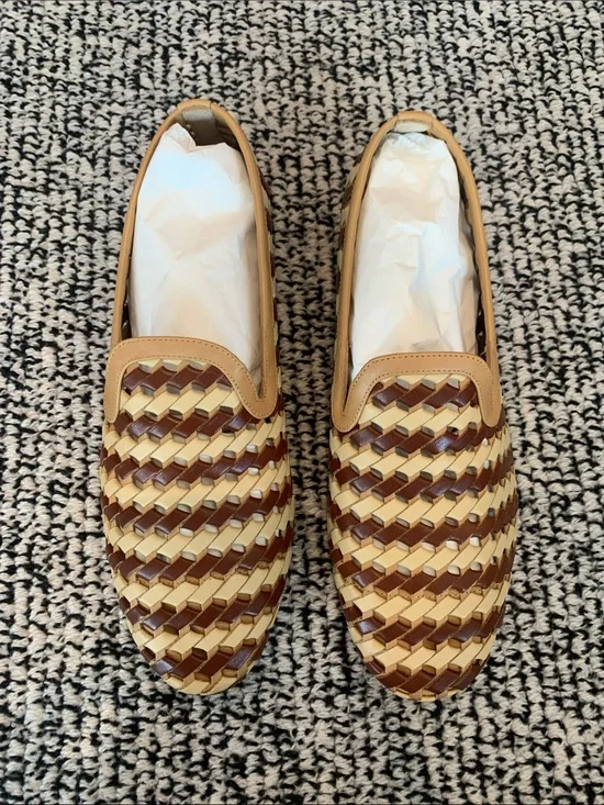 New Fratelli Rossetti Woven Leather Slip-On Loafers in Brown and Cream 61/2