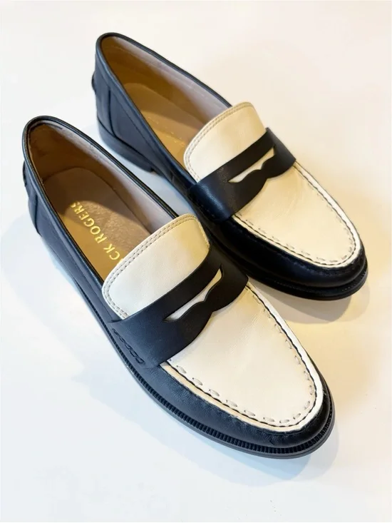 Jack Rogers || Tipson Contrast Penny Loafers Leather Flats Black Ivory 8.5‎