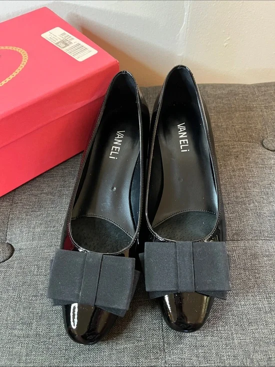 Vaneli Black Patent Flats with Fabric Bow
