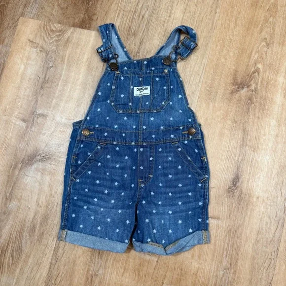 OshKosh B'gosh Toddler 2T Star Print Denim Shortalls Blue Vestbak Overalls