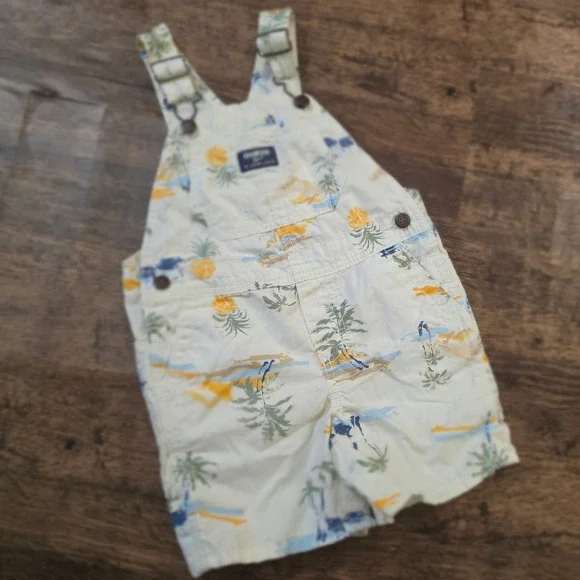 OSHKOSH Shortall Overalls Kids 24M Cream Tropical Pineapple Palm Tree Print