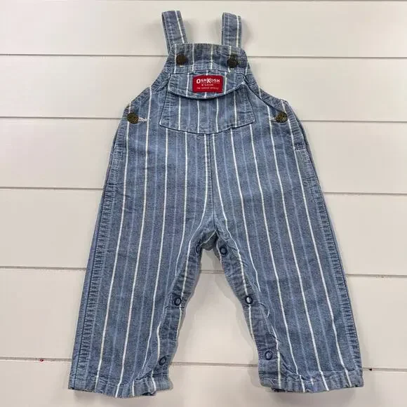 Oshkosh B’Gosh Vintage baby boys blue denim pin striped overalls size 12 Months