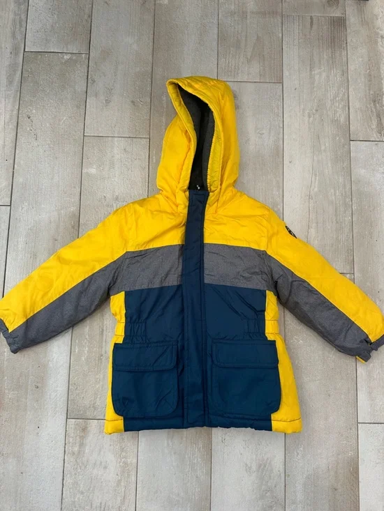 OshKosh B'gosh Yellow, Navy & Gray Colorblock Hooded Puffer Jacket