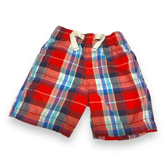 OshKosh Boys‎ Shorts Sz 3T Red Blue White Plaid Elastic Waist