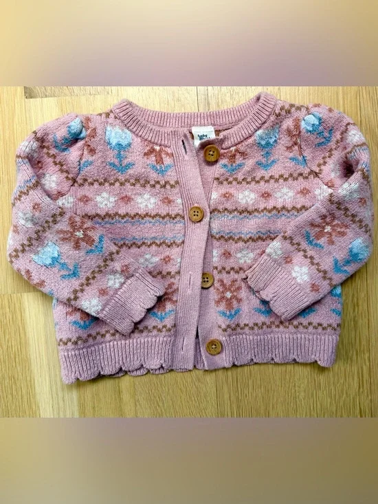 Pink Floral Knit Baby Cardigan with Wooden Buttons