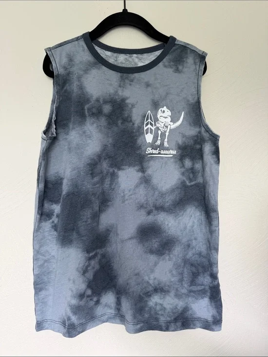 OshKosh Kids Gray Blue Tie-Dye Tank with Surf Dinosaur Graphic