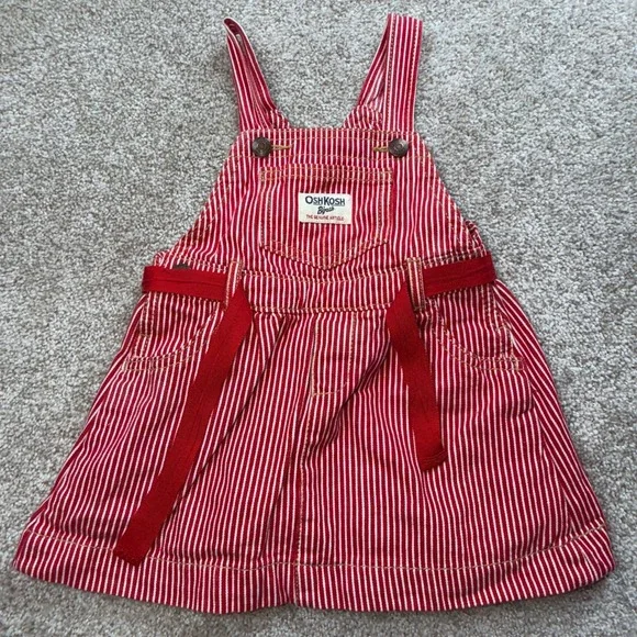 Vintage OshKosh B'gosh Kids Red White Hickory Stripe Overall Dress Jumper 24 M