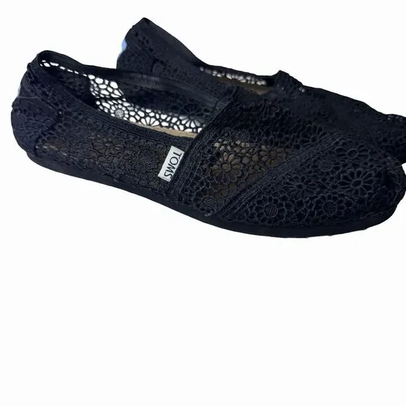 TOMS Women's Size 8 Flats Black Alpargata Cloudbound Slip On Crochet Comfort