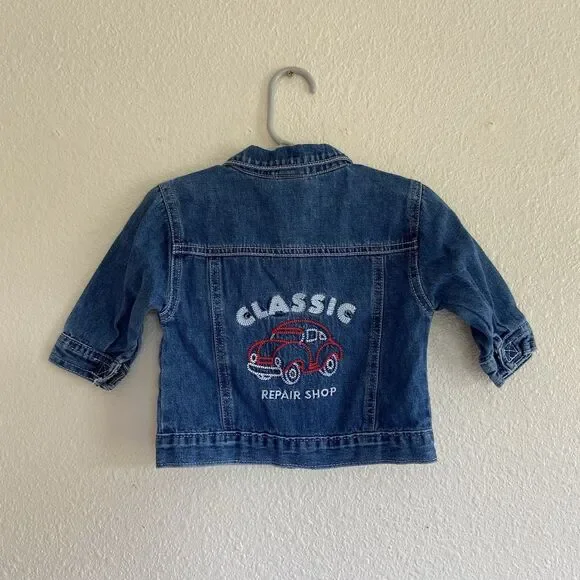 Vintage Oshkosh Denim Jacket Kids 6/9 Month Truck Repair Embroidered