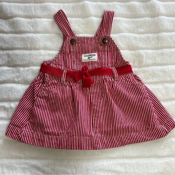 Oshkosh Size 9 Month Overall Dress Striped Red White‎ Pockets Snap Button Straps