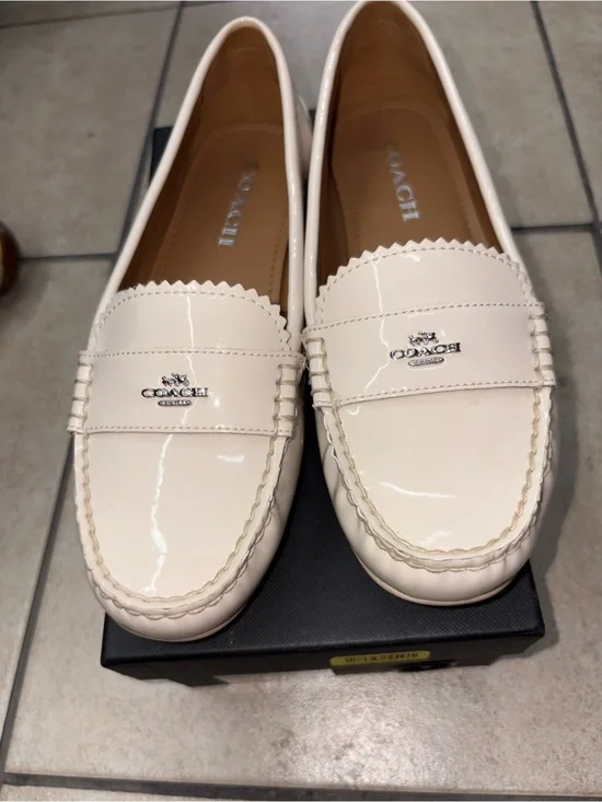 COACH Cream Patent Leather Penny Loafers
