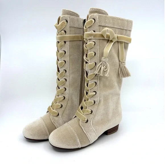 Joyfolie Marija Tall Boots Champagne Velvet Lace Up Tassel Kids Size 12 NEW