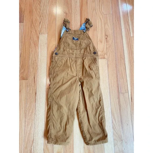 OshKosh Bgosh Toddler 4T Tan Canvas Plaid Flannel‎ Lined Carpenter Overalls