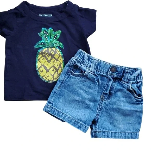 OshKosh Girls Navy Pineapple Short Sleeve‎ Shirt with Denim Shorts Outfit 6M