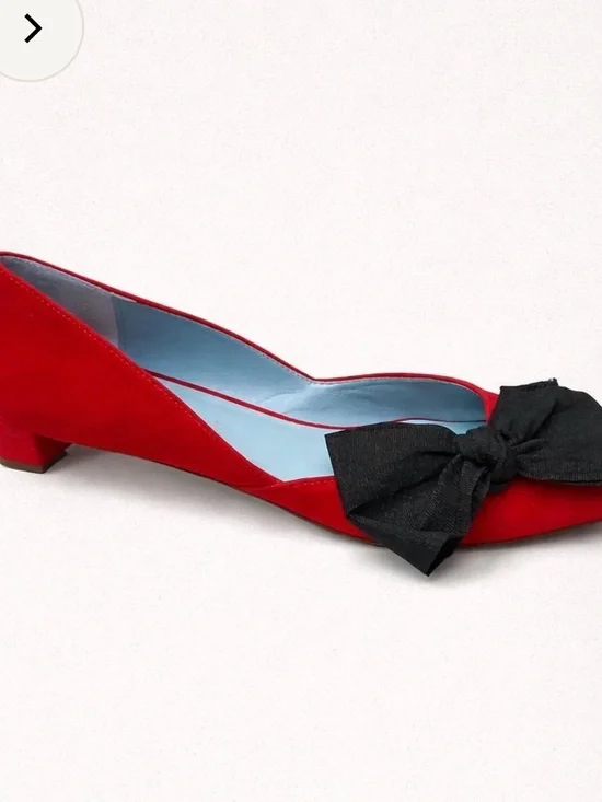 Frances Valentine Red Suede Pointed Toe Flats with Black Bow