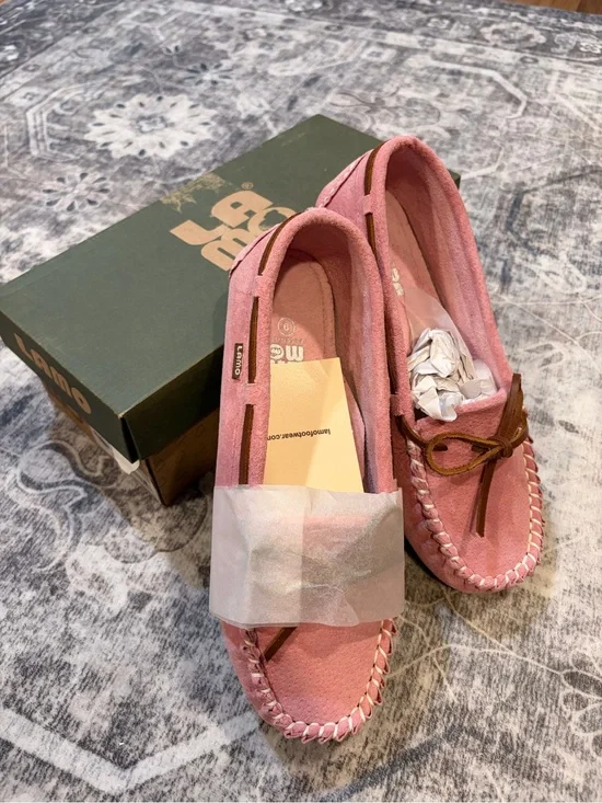 Lamo Pink Suede Moccasins with Brown Leather Laces
