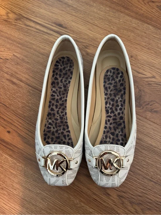 Michael Kors Cream Logo FultonBallet Flats with Leopard Insole and Gold MK Emble
