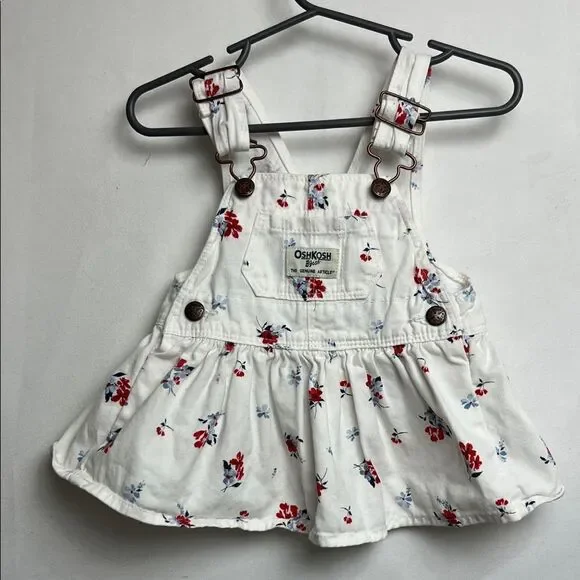 OshKosh B’Gosh white cotton red and blue floral overall dress EUC size 3 months