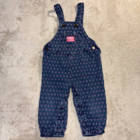 Vintage OshKosh Bgosh Vestbak Overalls 24M Blue Denim Pink Heart Floral USA Made
