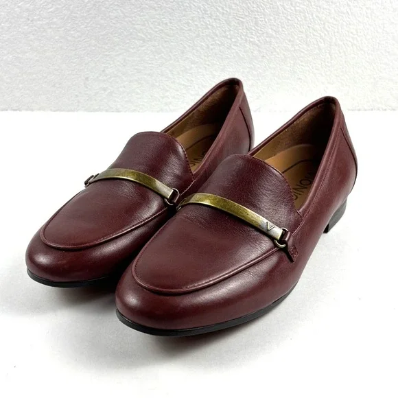 Vionic Evie Leather Loafers Women 5 Burgundy Metal Bar Slip On Shoes Preppy
