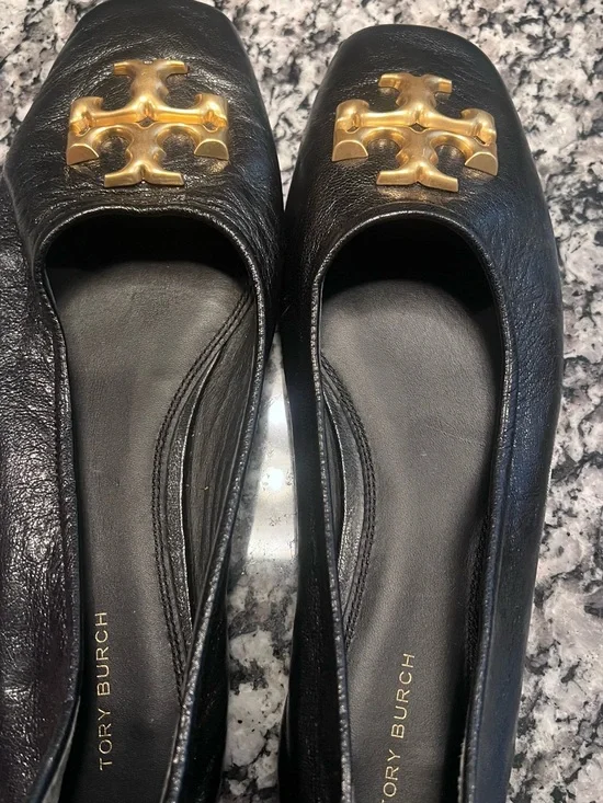Tory Burch Black Leather Flats with Gold Logo Emblem