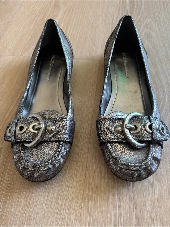 BCBGMaxAzria Metallic Silver Crackle Loafers with Buckle Detail
