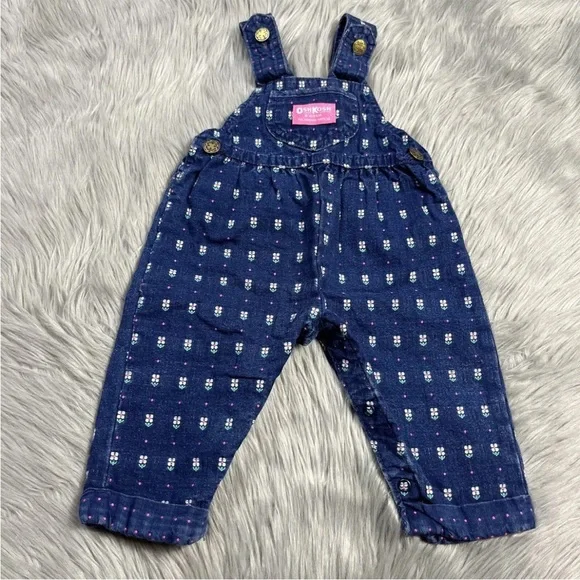 Vintage Oshkosh Bgosh Baby Girls Denim Blue White Pink Floral Overalls