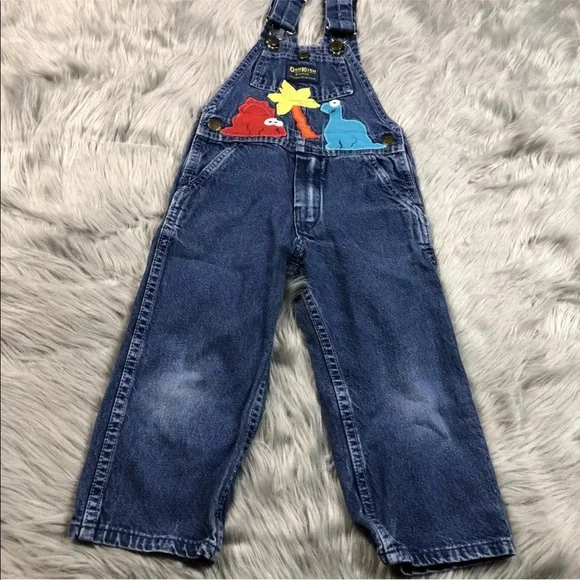 Vintage Oshkosh Bgosh Blue Denim Dinosaur Applique Overalls Made Usa