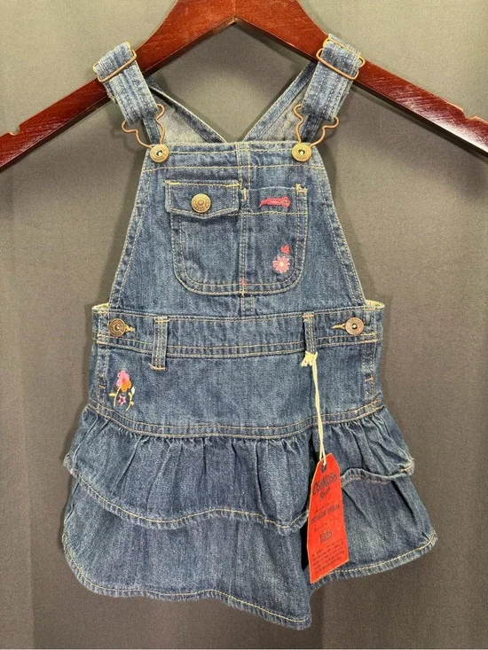 Girl's OSHKOSH Denim Ruffle Dress Overall Jumper Vestbak~Embroidery Flowers 24 m