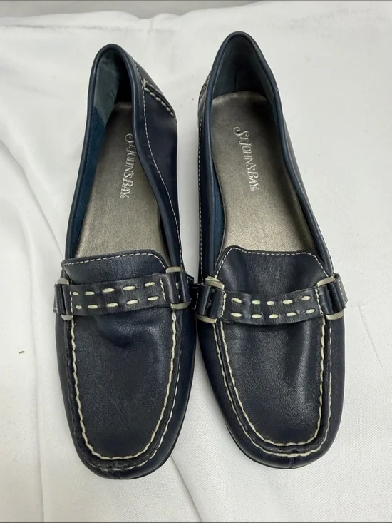 St. John's Bay Navy Leather Loafers with White Stitching
