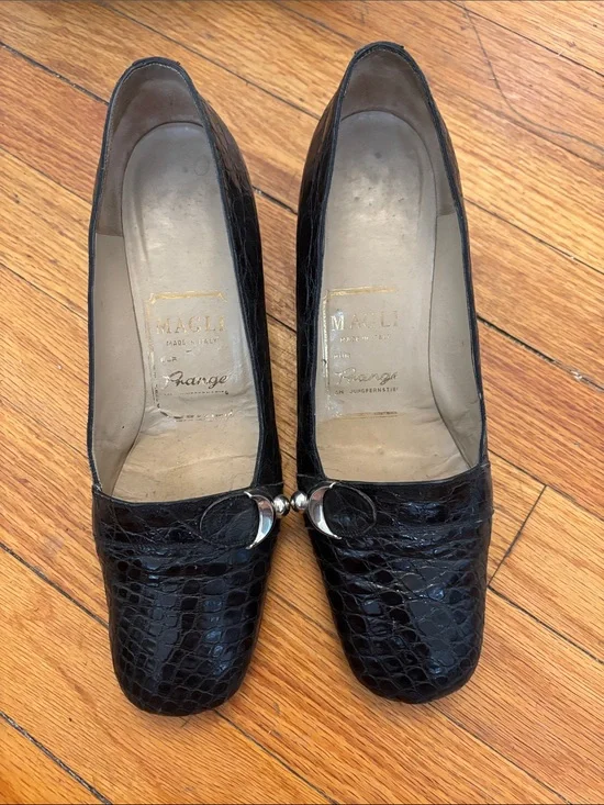 Magli Black Croc-Embossed Leather Heeled Loafers with Silver