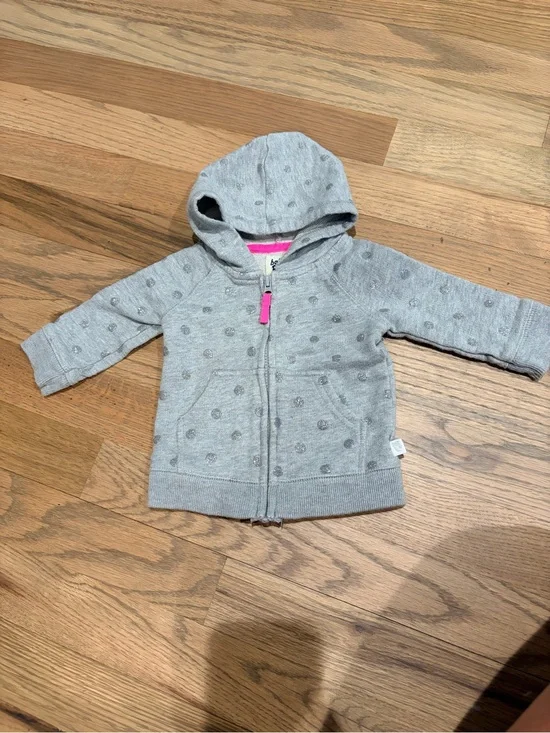 Baby Bigosh little girls gray zip up hoodie, sparkly silver polka dots