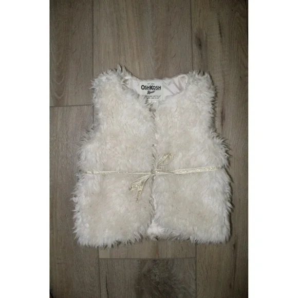 OshKosh B'gosh Girls Ivory Faux Fur‎ Vest 4T Gold Ribbon Tie Cream Shaggy Plush